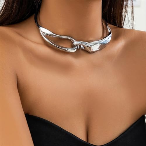 Chunky Gold Necklace Big Statement Chunky Necklace for Women African Tribe Wide Metal Choker Necklaces Jewelry - color: 07 Silver