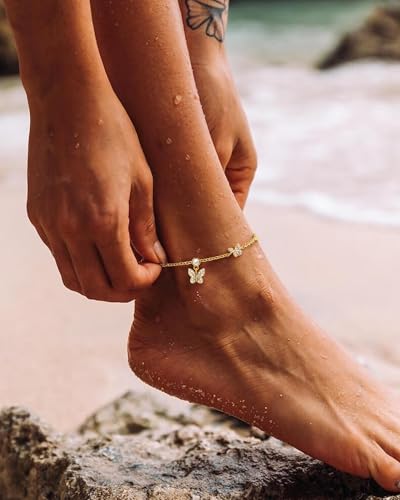 Anklets for Women Waterproof 14K Gold Plated Beach Ankle Bracelets | Dainty Summer Butterfly Clover Anklet Non Tarnish, Heart Bow Anklet, Layered Beach Jewelry, Accessories for Women Trendy - color: Gold 6