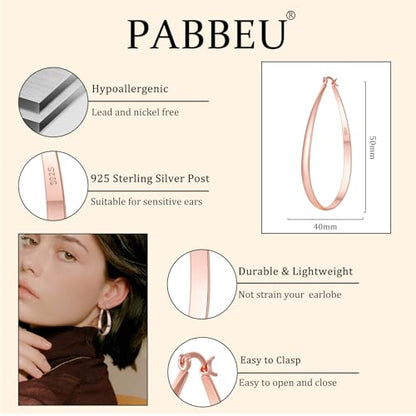 PABBEU Sterling Silver Hoop Earrings for Women, Lightweight Large Oval Hoops Earrings, Hypoallergenic Silver Hoop Earring for Women Gifts 30/40/50/60MM - color: rose gold 40*50mm/ 1.57*1.96in