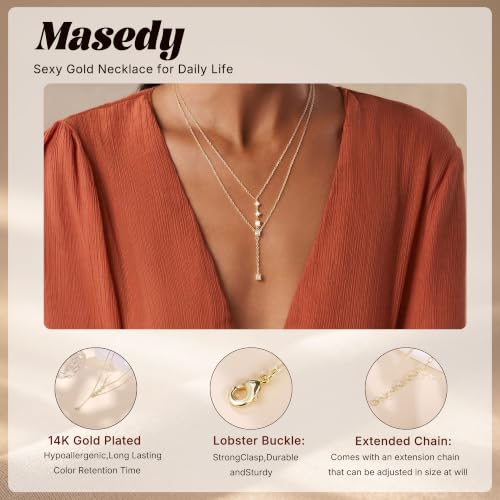Long Gold Necklace for Women Dainty Layered Lariat Necklace | 14k Gold Plated Clover Teardrop CZ Y Shaped Drop Necklaces Cute Long Necklace for Women Trendy Prom Formal Womens Jewelry - color: Round CZ y necklace