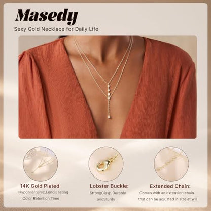 Long Gold Necklace for Women Dainty Layered Lariat Necklace | 14k Gold Plated Clover Teardrop CZ Y Shaped Drop Necklaces Cute Long Necklace for Women Trendy Prom Formal Womens Jewelry - color: Round CZ y necklace