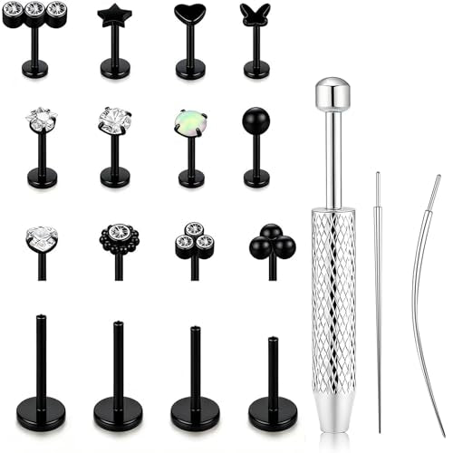 15Pcs 20G/18G/16G Flat Back Push in Stud Earrings 316L Surgical Stainless Threadless nose rings Medusa Piercing Jewelry Hypoallergenic Labret Studs Lip Rings ring for Women Men Be Equipped With Ball Grabber Tool - color: Black, size: 20G(0.8MM)