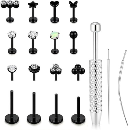 15Pcs 20G/18G/16G Flat Back Push in Stud Earrings 316L Surgical Stainless Threadless nose rings Medusa Piercing Jewelry Hypoallergenic Labret Studs Lip Rings ring for Women Men Be Equipped With Ball Grabber Tool - color: Black, size: 18G(1.0mm)