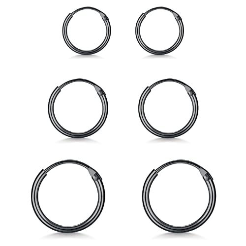 EPIRORA Sterling Silver Hoop Earrings for Women Men, Hypoallergenic Cartilage Earring Endless Small Hoop Earrings Set, 3 Pairs Tragus Earrings (8mm/10mm/12mm) - style: 4# 3 Pairs(8/10/12mm)-Black