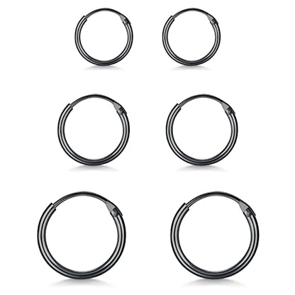 EPIRORA Sterling Silver Hoop Earrings for Women Men, Hypoallergenic Cartilage Earring Endless Small Hoop Earrings Set, 3 Pairs Tragus Earrings (8mm/10mm/12mm) - style: 4# 3 Pairs(8/10/12mm)-Black