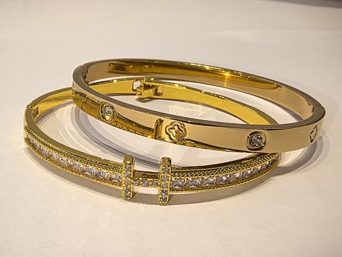18K Gold H & Love Bangle Bracelets for Women, Stackable Cubic Zirconia H and Love Bracelet Set, Luxury Trendy Stack Jewelry Gift