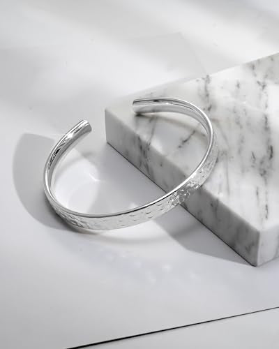 Hammered Texture Bracelet for Women - Maximum 8 inches Adjustable Cuff Bangle, Elegant Boho Chic Jewelry Silver & Gold - color: Silver-B