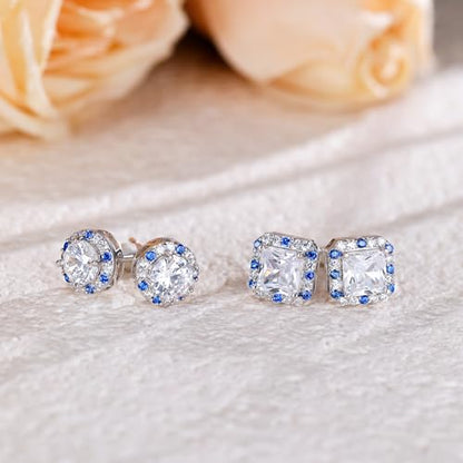 Titanium Stud for Sensitive Ears, Gold Plated Halo Cubic Zirconia Earrings - color: Round & Square White Stud