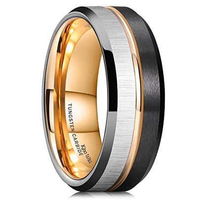 King Will Mens Tungsten Carbide Wedding Band with Groove Design | 6/7/8mm Width, Grooved, Comfort Fit, Everyday Wear - color: Silver&Black-8mm