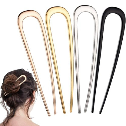 4Pcs Elegant French Hair Pin Set for Women, Metal U Shaped Hair Pins | French Hair Tool Decorative Hair Clips for Thick and Fine Hair (Gold Black Silver Rose Gold)