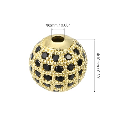 UXCell Round Charm Spacer Beads, 8Pcs 10mm - Brass Rhinestone & Zircon Beads for DIY Bracelets & Earrings (Black - Gold) - color: Gold, size: 10mm