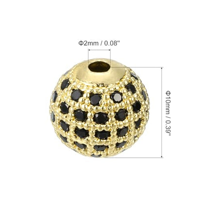 UXCell Round Charm Spacer Beads, 8Pcs 10mm - Brass Rhinestone & Zircon Beads for DIY Bracelets & Earrings (Black - Gold) - color: Gold, size: 10mm