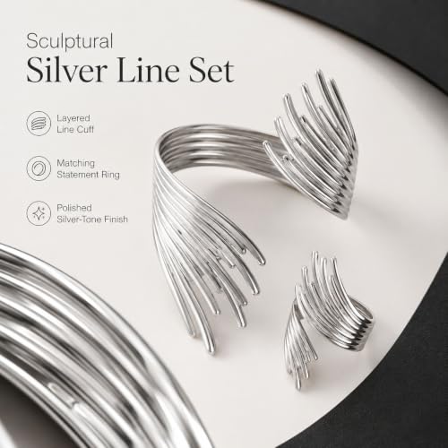 72ore Gold Jewelry Sets for Women Chunky Silver Cuff Bracelet Statement Bangle Bracelet and Ring Fashion Jewelry Open Cuff Wrist Trendy Jewelry Set Gift for Women - color: A2:silver