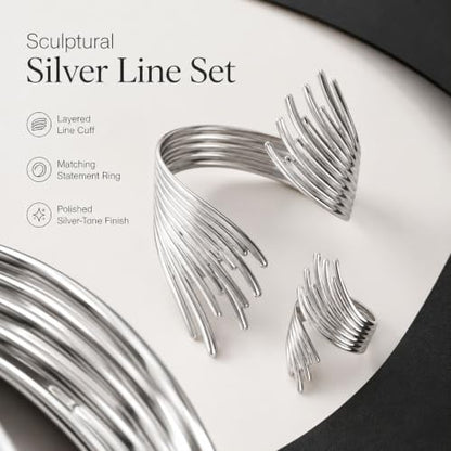 72ore Gold Jewelry Sets for Women Chunky Silver Cuff Bracelet Statement Bangle Bracelet and Ring Fashion Jewelry Open Cuff Wrist Trendy Jewelry Set Gift for Women - color: A2:silver