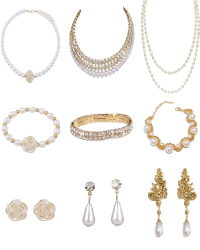 Pearl Necklace Set - Faux Pearl Earrings and Bracelets Jewelry Set for Women Wedding Bridal Shower Tea Party Accessories - style: 9pcs-gold