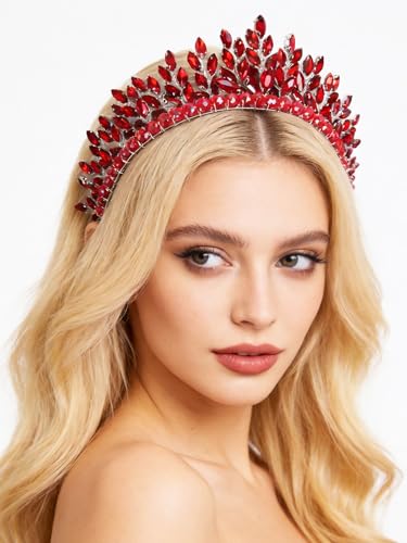 Bridal Rhinestone Headband Wedding Hair Accessories for Women, Pearl Crystal Headband Wedding Costume Headpieces for Brides Princess Quinceanera Christmas Party Prom Birthday(Red) - color: Red