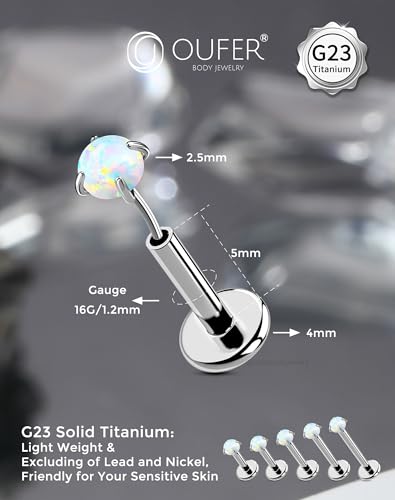 OUFER 2PCS 16G/20G Nose Lip Studs, G23 Solid Titanium Threadless Push in Nose Nostril Lip Labret Medusa Monroe Helix Cartilage Tragus Conch Lobe Piercing Jewelry for Women Men - color: Silver bar, Claw Opal, size: 2pcs, 16g 5mm, 2.5mm Opal