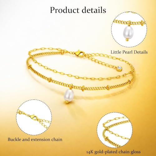 Pearl Anklet Waterproof Anklet for Women, 14K Gold Plated Double Layer Chain with Mini Pearl Beads, Adjustable Beach Foot Jewelry Gift