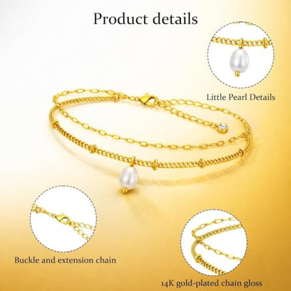 Pearl Anklet Waterproof Anklet for Women, 14K Gold Plated Double Layer Chain with Mini Pearl Beads, Adjustable Beach Foot Jewelry Gift