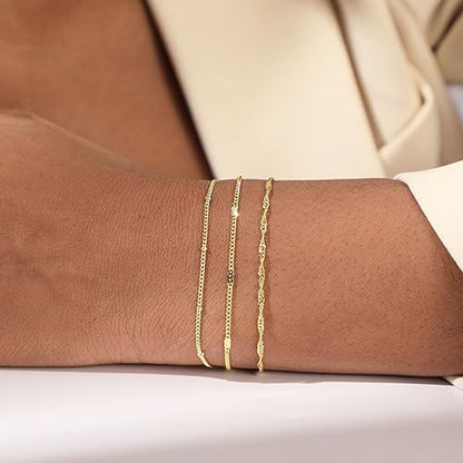 Dainty Bracelet for Women 14K Gold Plated Cross Pearl CZ Leaf Bracelets Set Gold Layering Bracelets Everyday Jewelry - color: Twisted+Beaded+Bar-Gold
