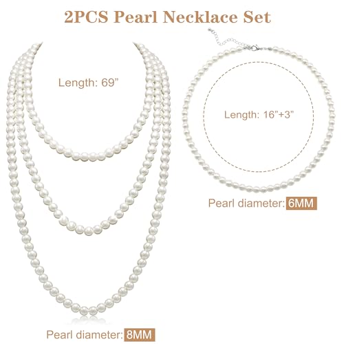 Long Pearl Necklaces for Women Cream White Faux Pearl Strand Layered Necklace Costume Jewelry - color: 6MM choker+ 8MM long