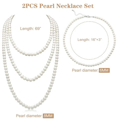 Long Pearl Necklaces for Women Cream White Faux Pearl Strand Layered Necklace Costume Jewelry - color: 6MM choker+ 8MM long