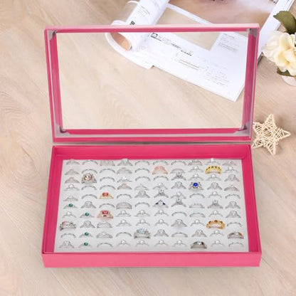 KUKUVR 100 Slots Ring Earring Holder Display Case (Pink) | Velvet, Clear Lid, Ring Earring Storage Organizer Box Tray, for Women and Selling Show - color: Pink