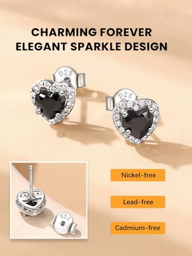 Bestyle Sparkling 925 Sterling Silver Birthstone Stud Earrings for Women, Heart/Round/Teardrop/Square Solitaire Diamond Studs Earrings, Great Birthday/Christmas Gifts - style: 00. Black Onyx-heart