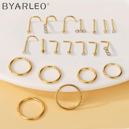 Surgical Steel Nose Ring 16G 18G L Shape Nose Studs Body Piercing for Women - color: B-Gold