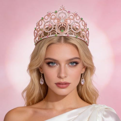 Crystal Crowns for Women, Crystal Bubble TiaraBride Royal Queen Headband Princess Headpieces for Women Bridal Wedding Prom Birthday Party Crowns - color: Rose Gold Pink Green