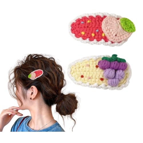 2 Pcs Funny Fruit Hair Clips Crochet Strawberry Grapes Peach Pineapple Hair Accessories - color: 2 Pcs Peach Grape
