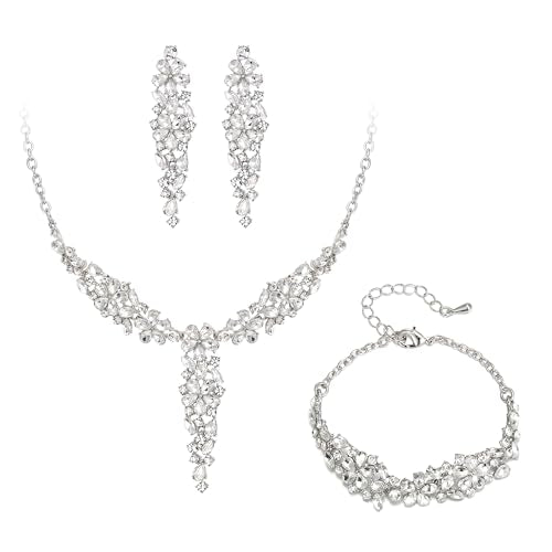 EleQueen Statement Sparkle Crystal Necklace Bracelet Dangle Earrings Set for Women, Art Deco Prom Chandelier Jewelry for Wedding Bridal - color: White-Silver-Plated-Base