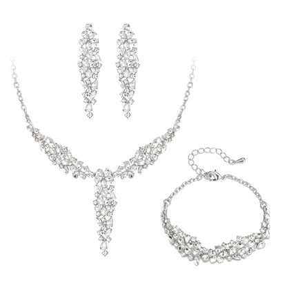 EleQueen Statement Sparkle Crystal Necklace Bracelet Dangle Earrings Set for Women, Art Deco Prom Chandelier Jewelry for Wedding Bridal - color: White-Silver-Plated-Base