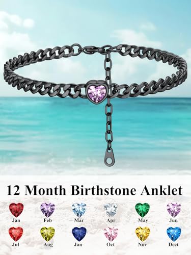 ChainsHouse Cuban Chain Anklets for Women with Heart Birthstone Jan - Dec | Stainless Steel Black Link Chain Ankle Bracelet with Birthstone, Beach Women Anklet 22cm-27cm Adjustable, with Gift Box - color: 06. Jun.-Alexandrite-Black