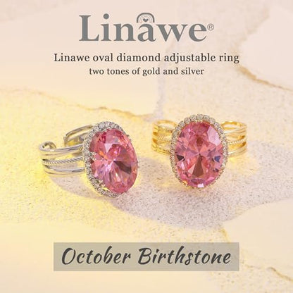 Linawe Costume Jewelry Adjustable Cocktail Ring for Women | Copper, Rhinestone, Cubic Zirconia, Oval, Fake Diamond, Crystal, Stone, Birthstone, Gemstone, Big, Chunky, Statement - color: White Pink