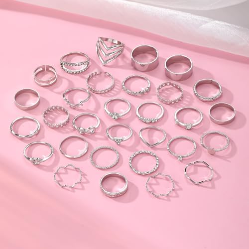 Golden Silvery Knuckle Rings Set for Women, Stackable Rings Bohemian Crystal Hollow Carved Flowers Joint Finger Rings Pack Fashion Jewelry Gifts for Birthday - color: 60 PCS