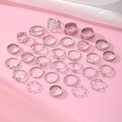 Golden Silvery Knuckle Rings Set for Women, Stackable Rings Bohemian Crystal Hollow Carved Flowers Joint Finger Rings Pack Fashion Jewelry Gifts for Birthday - color: 60 PCS