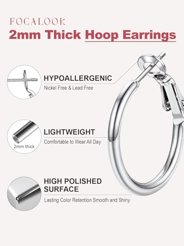 FOCALOOK 14K Gold Plated Lightweight Large Hoops| 2mm Thin Hoop Earrings for Women 30/40/50/70/100mm - color: 01.Silver, size: 20mm