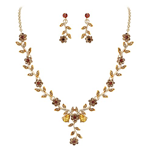 Women's Wedding Jewelry Set for Bride,Prom Bridal Accessories | Bling Crystal,Flower Leaf Cluster,Dangle Earrings Pendant Necklace Set,for Bridesmaid,Party Jewellery - color: 10-Champagne Gold-Plated-Base