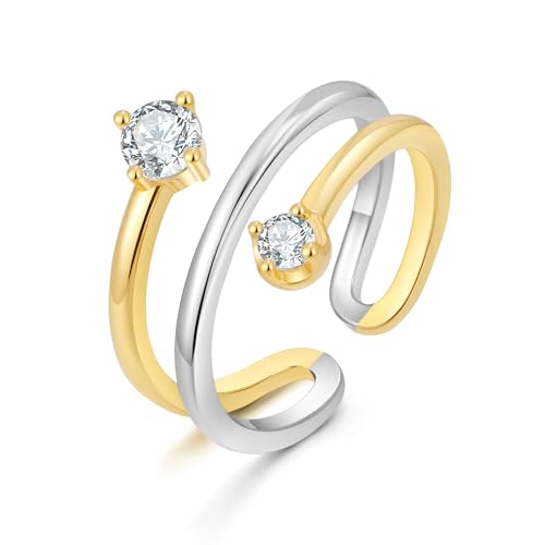 Two Tone Wrap Ring for Women Silver and Gold Plated Dainty Spiral Band with CZ Minimalist Open Rings Thin Around Bands Trendy Mixed Metal Jewelry