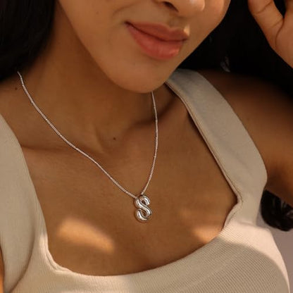 Ewrkbrㅤ Initial Necklaces for Women, 14k Gold Plated Bubble Letter Necklace Chunky Gold Necklace Dainty Charm Initial Necklaces for Women Trendy Custom Preppy Stocking Stuff Necklace Christmas Gifts - color: Silver, style: R