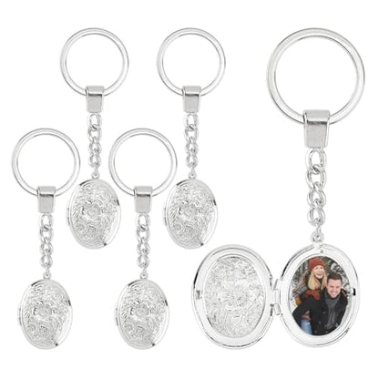 SUPERFINDINGS 5Pcs Locket Keychains Brass Memory Photo Locket Keychain Oval Flower Locket Keychains for Bag Hat Key - color: Silver