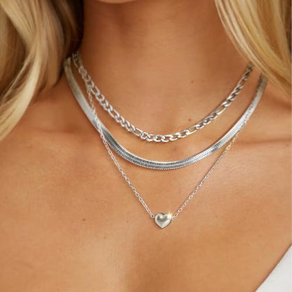 Layered Necklaces for Women,14k Gold Plated Dainty Necklace Stack Set Non Tarnish Adjustable Silver Stainless Steel CZ Heart Circle Pendant Paperclip Choker Herringbone Snake Chain Jewelry - style: Heart Layered Necklace-Silver