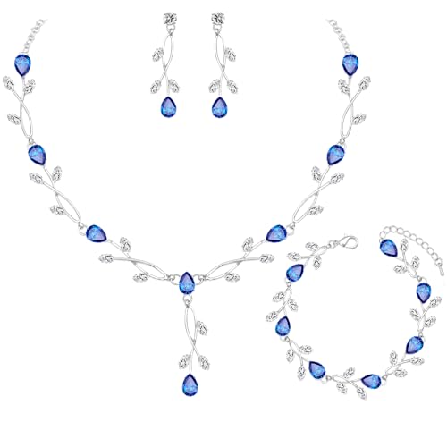 CSY Elegant Bridal Jewelry Sets Clear Cubic Zirconia Wedding Necklace Earrings Bracelet Set for Birdes Bridesmaids CZ Prom Jewelry - color: Royal Blue-Necklace Earrings Bracelet