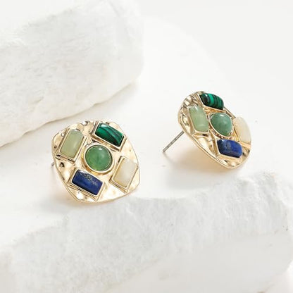 Geometric Large Stud Statement Earrings, Gold Tone Square Stud with Multi-Color Gemstone Design, Fashion Jewelry for Women - color: Cyan