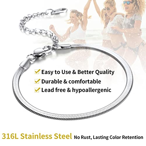 ChainsHouse Stainless Steel Herringbone Flat Chain Bracelets for Women,18K Gold/Rose Gold/Black Metal Paperclip/Snake/Cuban/Figaro Sterling Silver Link Charm Bracelet, 16+5cm Adjustable, With Gift Box - color: e. herringbone-stainless-3mm