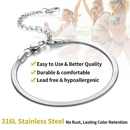 ChainsHouse Stainless Steel Herringbone Flat Chain Bracelets for Women,18K Gold/Rose Gold/Black Metal Paperclip/Snake/Cuban/Figaro Sterling Silver Link Charm Bracelet, 16+5cm Adjustable, With Gift Box - color: e. herringbone-stainless-3mm