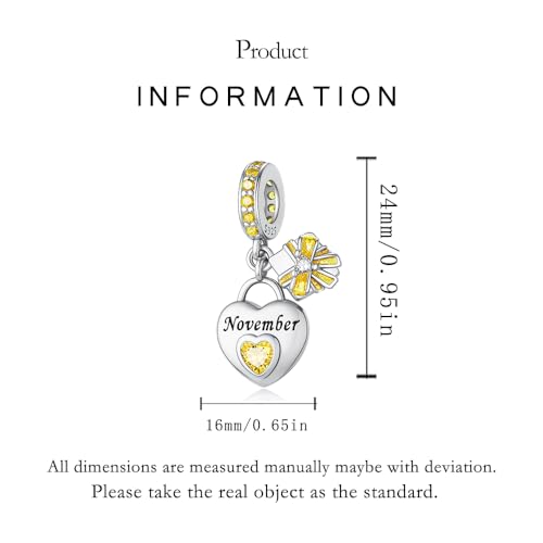 925 Sterling Silver Birthstone Bracelet Charm - Unique Heart Shaped Design, Fits most Europe Pandora Bracelets and Necklaces, women's DIY holiday Gifts - style: K-November