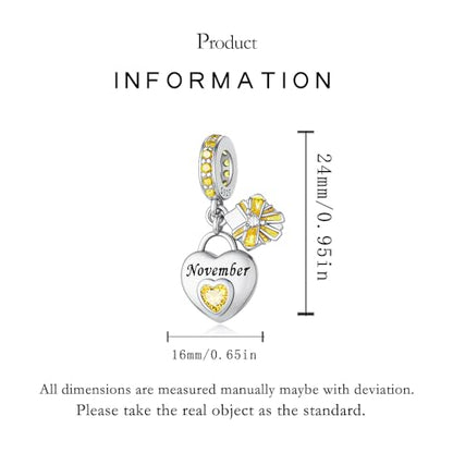 925 Sterling Silver Birthstone Bracelet Charm - Unique Heart Shaped Design, Fits most Europe Pandora Bracelets and Necklaces, women's DIY holiday Gifts - style: K-November
