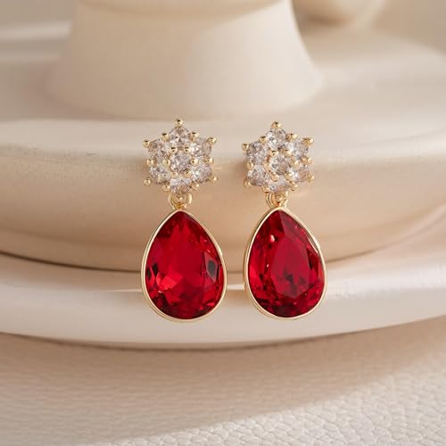 Elegant Austrian Crystal Teardrop Dangle Earrings for Women,14K Gold Plated Flower Drop Earrings Jewelry Gift for Birthday Wedding Anniversary - color: Red